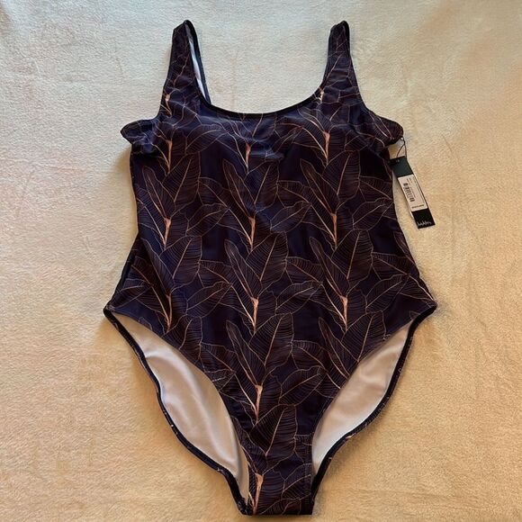 NWT Nicole Miller Purple with Gold Tropical Floral Print One Piece Swimsuit 1X - Picture 3 of 14